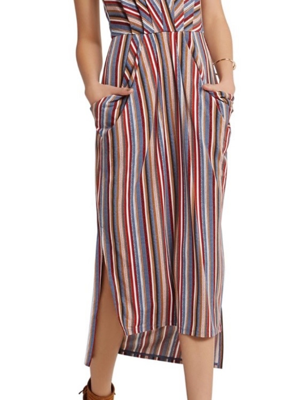 BCBGeneration Blue, Brown and Red Striped Midi-Dress